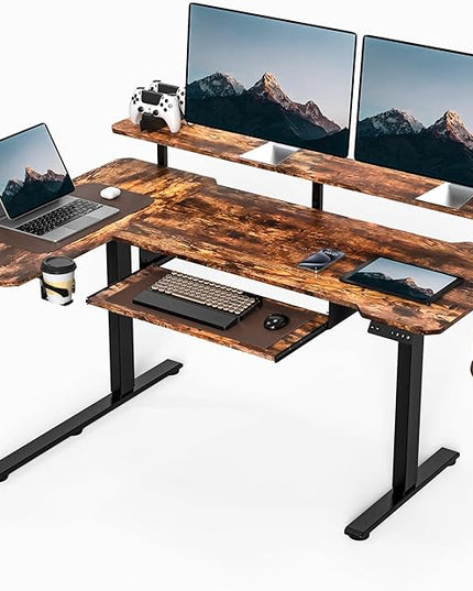 59 Inch L Shaped Standing Desk with Shelves and Keyboard, Electric Corner Standing Desk Adjustable Height, Sit Stand Computer Table with Reversiable Splice Board，Rustic Brown