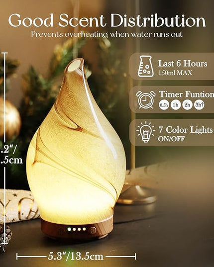 Porseme 150ml Essential Oil Diffuser Glass Color Changing Aroma Air Diffusers Aromatherapy Ultrasonic Cool Mist Humidifier 6 Running Hours Waterless Auto-Off for Sleeping, Yoga, Office, Spa (Desert)