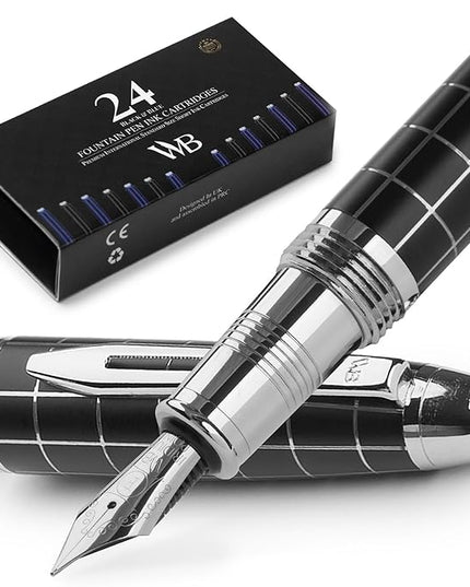 Wordsworth & Black Majesti Fountain Pen-(Checked), Luxury Case, Chrome Finish; Fine Nib- Ink Cartridges, Refillable Ink Converter-Calligraphy Pen-Best Business Gift Set for Men & Women