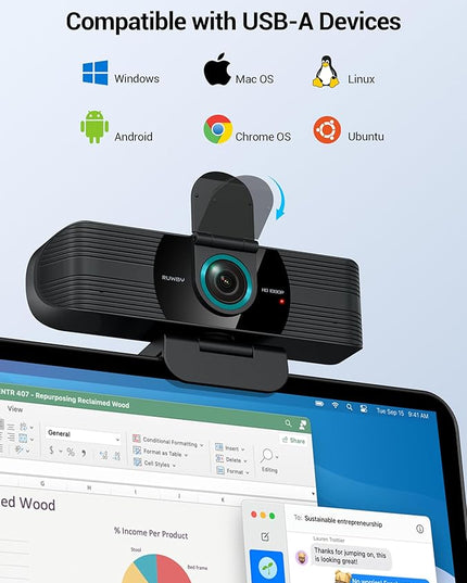 RUWBY Full HD 1080P Webcam with Built-in Dual Mics, Wide-Angle Lens, Privacy Cover, Tripod Stand, Autofocus Computer Camera, Plug and Play for Desktop PC or Laptop