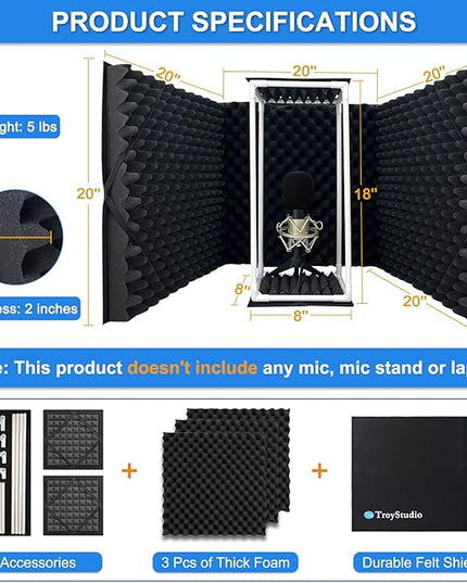 TroyStudio Large Microphone Isolation Shield, Foldable Vocal Booth Reflection Filter, 2 Inches Thick Acoustic Foam Panel Music Sing Podcast Recording Studio Adjustable Sound Box for Desk & Laptop