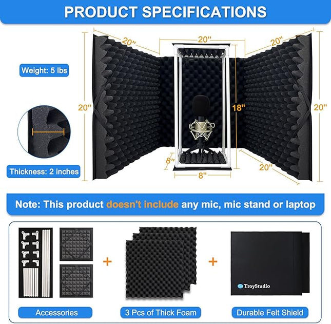 TroyStudio Large Microphone Isolation Shield, Foldable Vocal Booth Reflection Filter, 2 Inches Thick Acoustic Foam Panel Music Sing Podcast Recording Studio Adjustable Sound Box for Desk & Laptop