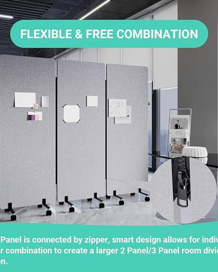 Soundproof Room Divider with Wheels, 66in Office Dividers for Sound Proofing & Reducing, 3 Panel Sound Proof Dividers for Office Partitions Portable Temporary Wall Acoustic Wall Divider，Light Grey