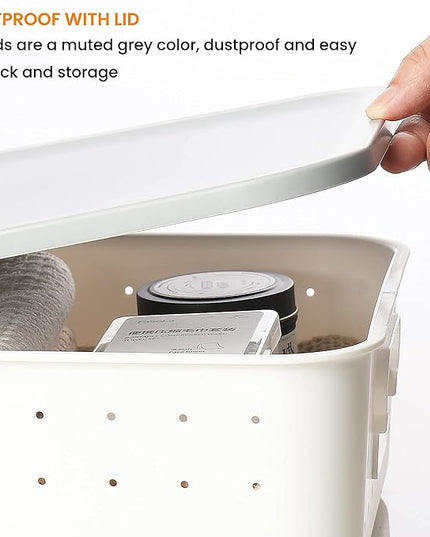 vacane 3 Pack Decorative Storage Bins with Lids, White Plastic Storage Basket for Organizing Stackable Storage Box with Handle on Closets,Classrooms,Offices