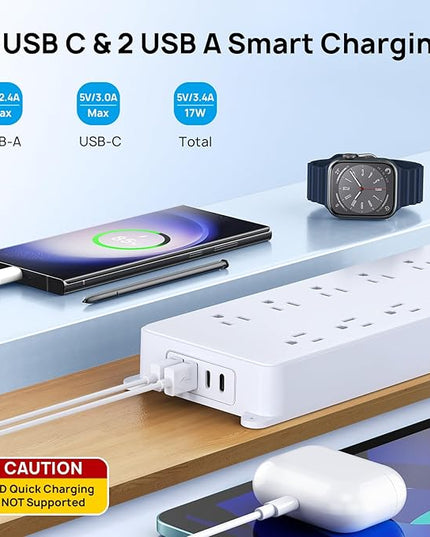 TROND Surge Protector Power Strip, Flat Plug 15ft Long Extension Cord, 10 Widely Spaced AC Outlets, 2 USB A & 2 USB C Ports, 4000J, ETL Listed, Wall Mountable, for Home Office Entertainment, White