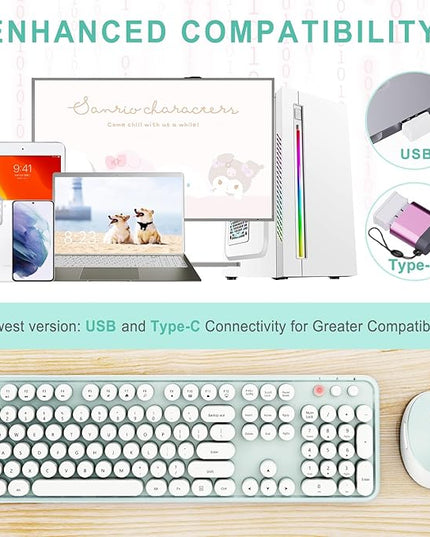 Wireless Keyboard and Mouse Combo, Ergonomic Full Size Typewriter Retro Round Keycaps Keyboard, Compatible with Windows, PC, Perfer for Home and Office Keyboards（Green）