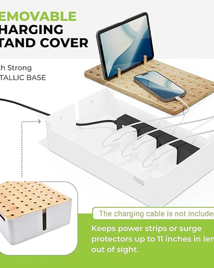 Prosumers Choice Bamboo Charging Station for Multiple Devices - Wooden Charger Organizer with Removable Dividers for Phones, Tablets, and Laptops - 11 Inch Cable Organizer Box - Space-Saving Desk Dock