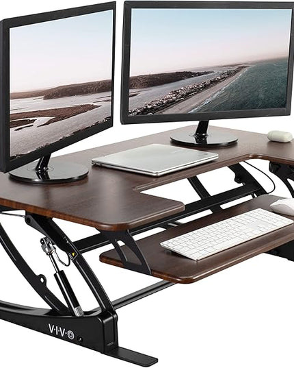 VIVO 42 inch Height Adjustable Stand Up Desk Converter, V Series, Quick Sit to Stand Tabletop Dual Monitor Riser Workstation, Dark Walnut Top, Black Frame, DESK-V000VLD