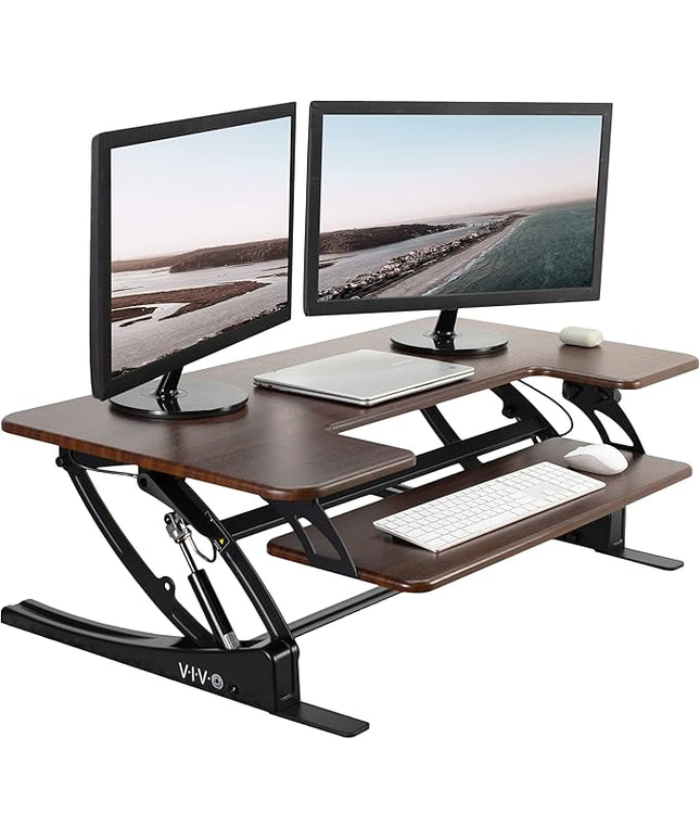 VIVO 42 inch Height Adjustable Stand Up Desk Converter, V Series, Quick Sit to Stand Tabletop Dual Monitor Riser Workstation, Dark Walnut Top, Black Frame, DESK-V000VLD