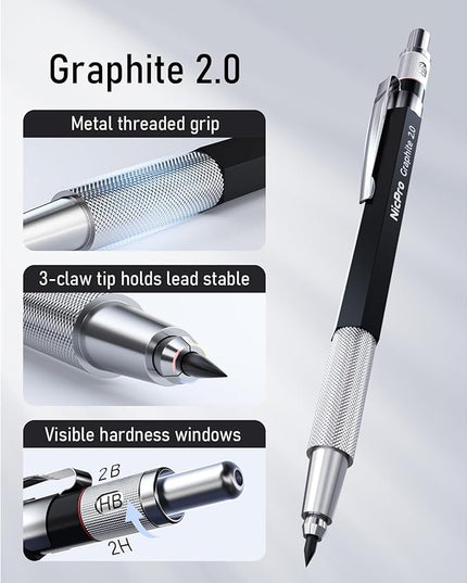 Nicpro 2mm Metal Mechanical Pencil Set with Case, 3PCS Lead Pencil Holder 2.0 mm with 144PCS Lead Refills (4H 2H HB 2B 4B 6B Color), Eraser, Sharpener for Drafting Writing Drawing Sketching