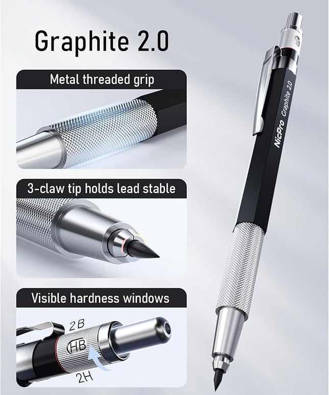 Nicpro 2.0 mm Mechanical Pencil Set, Artist Metal Lead Holder Metal Marker Carpenter pencils with 60 Graphite Lead Refill HB, 2H, 4H, 2B, 4B, Eraser, Sharpener for Draft Drawing, Writing Art Sketching