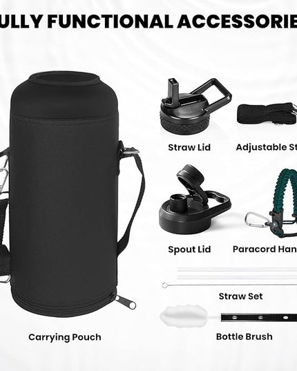Insulated Water Bottle 87 oz, Triple Wall Vacuum Stainless Steel (Cold for 48 Hrs), Leak Proof & Non-BPA, Modern Water Flask Jug with Paracord Handle & Straw Spout Lids, Dark Green