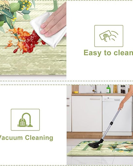 KIMODE Anti Fatigue Kitchen Mats for Floor 2 Piece,Farmhouse Spring Rugs Non Slip,Cushioned Memory Foam Carpet for Sink Laundry Office Bathroom,Green 17"x47"+17"x29"