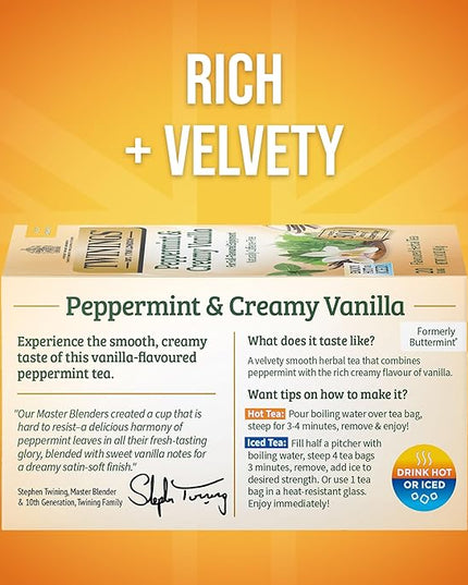 Twinings Peppermint & Creamy Vanilla Herbal Tea Individually Wrapped Bags, 20 Count (Pack of 6), Formerly Buttermint, Naturally Caffeine-Free, Enjoy Hot or Iced, 120 Teabags