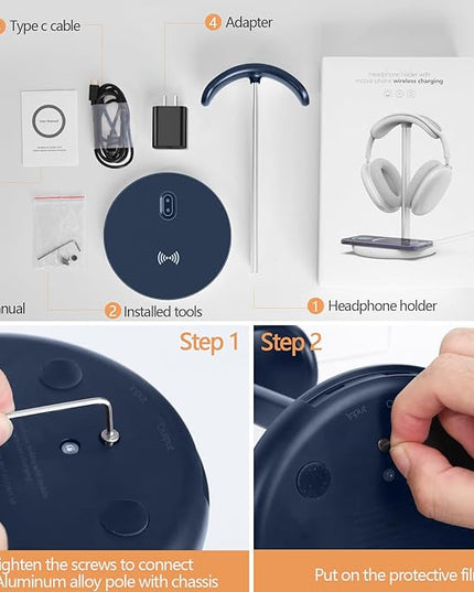 Miroddi Headphone Stand with Wireless Charger, Independent USB Charging Port, 5 in 1 Charging Station Headset Holder Rack for iWatch, iPhone, Samsung and Desk All Headphones, Dark Blue