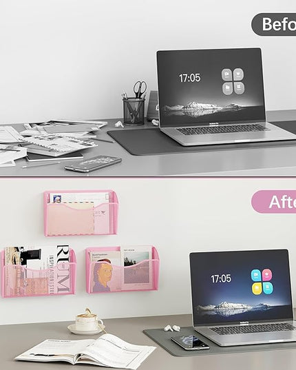 EasyPAG 3 Single Pocket Wall File Organizer, Mesh Hanging File Folder Organizer for Letter/A4 Size Folders, Wall Mounted Vertical Mail Holder for Paperwork, Office, Home, School, Pink