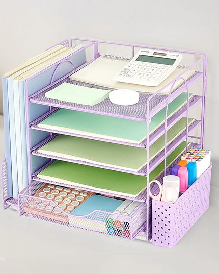 OUTIOE Desk Organizer with Drawer and Pen Holder, 5-Tier Paper Letter Tray Organizer with File Holder, Suitable for Workspace Organizer Office Supplies Storage (Purple)