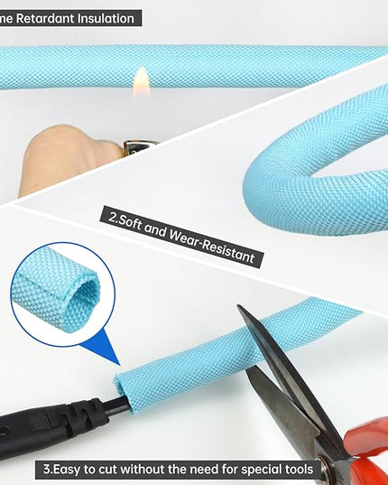 YOUBO Split Braided Cable Sleeve，Flexible Wire Loom Tubing, Automotive Cord Protector Pet Proof, Cable Management for Computer TV Electric Wires Harness 16ft (Sky Blue, 5mm（3/16")