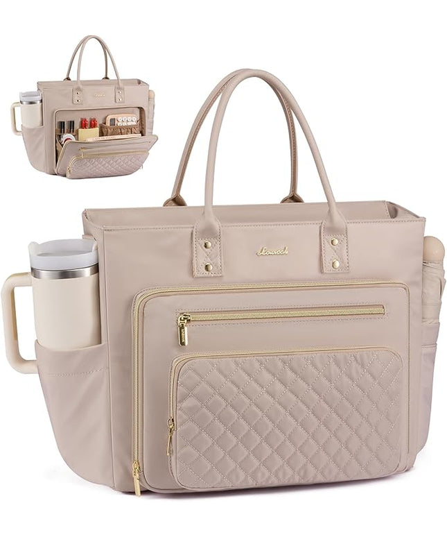 LOVEVOOK Teacher Tote Bag for Women Work, Laptop Bag With Large Cup Holder, Nurse Bags Professional Briefcase Business Computer Purses Handbag,Light Pink,15.6 Inch