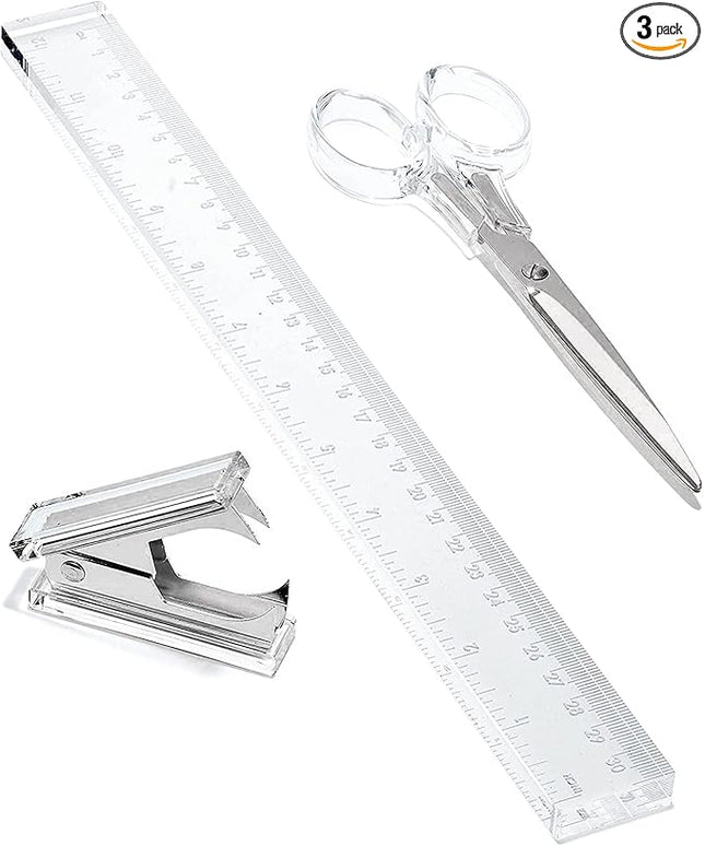 OfficeGoods 3 Piece Acrylic Desk Set - Includes Ruler, Staple Remover, Scissors - Functional & Elegant Desk Accessories - Stationary Tools for Home, Office, and School - Silver