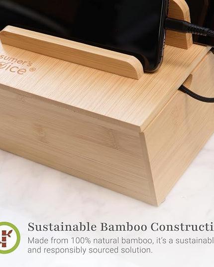 Prosumer's Choice Wooden Charging Station Organizer - 5-Port Base for Phones, Tablets and Laptops - Multi-Device Docking Station with Removable Divider Slots - Cord Box with Cable Management - Bamboo