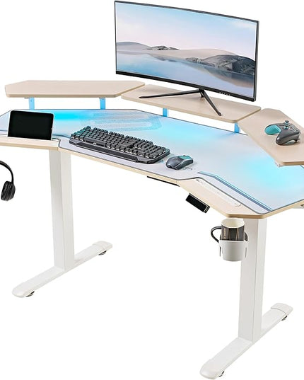 EUREKA ERGONOMIC Standing Desk,63" Electric Adjustable Height Computer Desk,Wing Shaped Music Studio Desk, LED Monitor Stands, Dual Motor&Slot, Maple