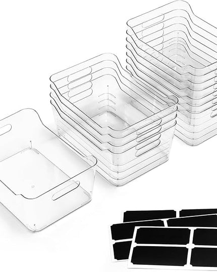 12 PACK Multi-Use Clear Plastic Storage Bins for Organizing w/ Labels - Home, Kitchen, Pantry, Bathroom, Office, Cabinet Shelf Organizer Bins - SOHO Collection, RV, Fridge Organization Containers -XXL