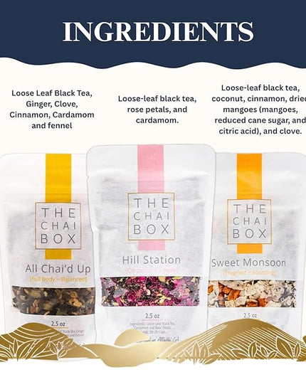 The Chai Box Top Selling Loose Leaf Tea Gift Set - Featured in Oprah's Favorite Things | 3-Flavor Caffeinated Chai Tea Gift Box with Stainless Steel Steeper (3 Pack) | Small Batch Loose Leaf Tea with Whole, Premium Spices