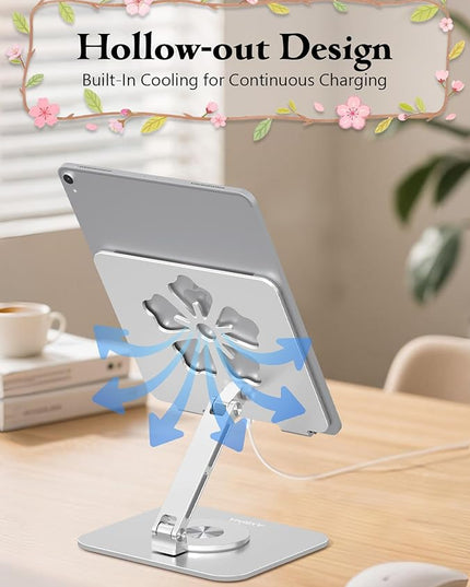 Tablet Stand for iPad, 360° Rotating Aluminum Foldable Holder – Adjustable Desk Stand | Fits iPad Pro 12.9/11,Samsung Galaxy Tab – Portable for Home, Office & Travel,Silver