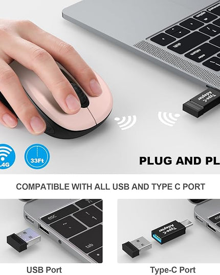 WisFox 2.4G Wireless Mouse for Laptop, Ergonomic Computer Mouse with USB Receiver and Type-C Adapter, 3 Adjustable Levels DPI, 6 Button Cordless Wireless Mice (Pink)