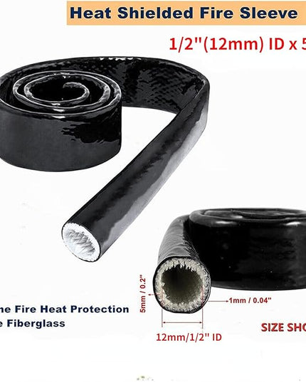 1/2"(12mm) ID Fire Sleeve Silicone Coated Fiberglass for Automotive Hose Lines Wires& Electrical Wiring Black, 5 feet
