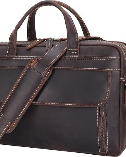 Masa Kawa Leather Briefcase for Men 15.6", 17" Laptop Computer Case Business Travel Work Messenger Cross Body Shoulder Bag