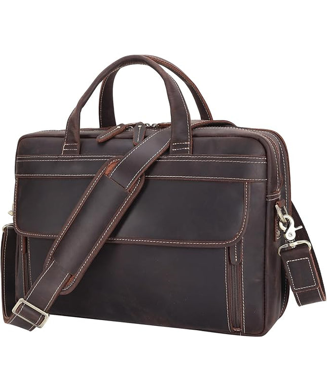 Masa Kawa Leather Briefcase for Men 15.6", 17" Laptop Computer Case Business Travel Work Messenger Cross Body Shoulder Bag