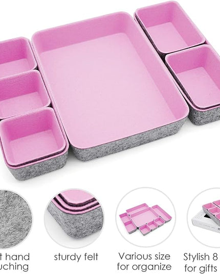 Welaxy desk drawer organizers tray felt storage bin caddy for home office suppliers makeup crafts pens decluttering 8-piece holiday gift solution (Light pink)