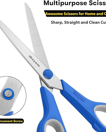 Scissors, iBayam 8" All Purpose Scissors Bulk 3-Pack, Ultra Sharp 2.5mm Thick Blade Shears Comfort-Grip for Office Desk Accessories Sewing Fabric Home Craft School Supplies, Right/Left Handed