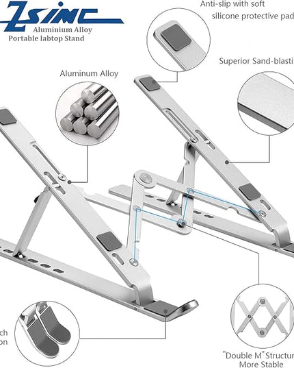 Laptop Stand, Laptop Riser Computer Stand for Desk, Adjustable Aluminum Foldable Portable Desktop Holder, Compatible with MacBook Air pro, iPad, Lenovo, 10-15.6” Laptop and Tablets (Silver)