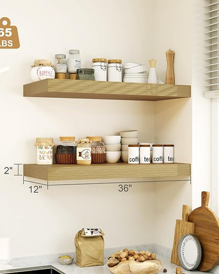 12" Deep Oak Floating Shelves,Over Toilet Long Wall Mounted Modern Farmhouse 36 inches,Wall Shelves with Invisible Brackets for Bedroom, Bathroom, Living Room, Kitchen, Set of 1