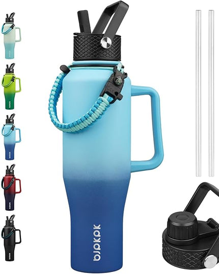 BJPKPK Insulated Water Bottles with Straw Lid, 40oz Metal Water Bottle with 2 lids & Paracord Strap, Double Wall Stainless Steel Tumbler with Handle, Reusable Cups, Mugs, Thermo, Sky