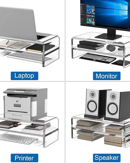 Clear Acrylic 2-Tier Monitor Stand & Desk Organizer - 16"x9.4"x5.5 H Home Office Riser with Keyboard Storage, Fits PC, Laptop, iMac, Printer, TV & Multi-Media Devices (Transparent grey)