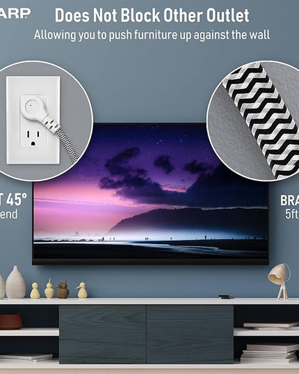 SHARP Surge Protector Power Strip - 6 Widely Spaced Outlets with 4 USB Fast Charge USB Charging Ports (3 USB-A and 1 USB Type-C), Flat Wall-Hugger Plug and 6 ft. Braided Cord, White