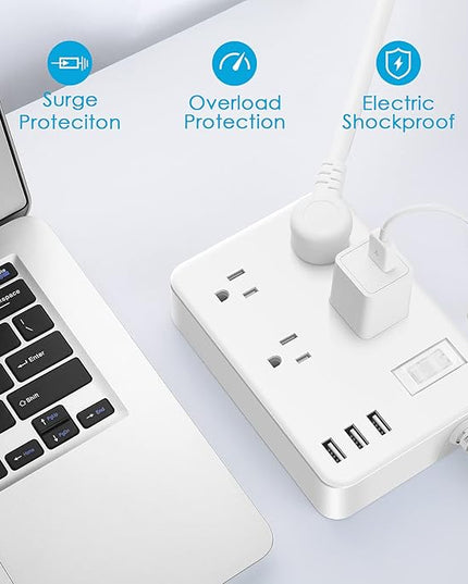 Jgstkcity Outdoor Waterproof Power Strip, 4 Flat Plug Outlets and 3 USB Ports, Mountable Weatherproof Surge Protector, Multi Outlet Extension for Camping, Garden, Kitchen, Bathroom, 6ft Cord (White)