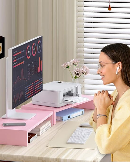 TEAMIX 2 Pack Pink Monitor Riser-20L inch, Cute Monitor Stand for Desk, Wood Sturdy TV/Screen/PC/Printer/Laptop Riser, Computer Shelf with Storage Desktop Organizer for Home Office