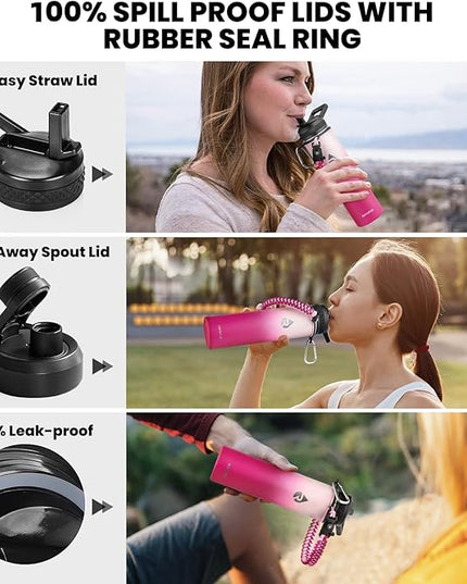 Insulated Water Bottle 24oz, Triple Wall Vacuum Stainless Steel (Cold for 48 Hrs, Hot for 24Hrs), Leak Proof & Non-BPA, 24oz Hydro Water Flask with Paracord Handle & Straw Spout Lids