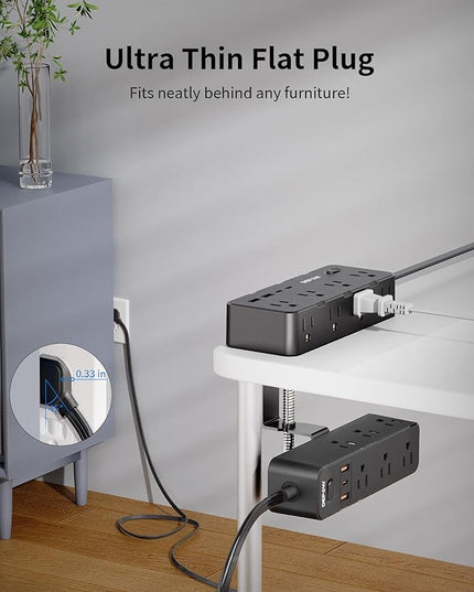 Dual Layer Desk Clamp Power Strip & Surge Protector: 17 Outlets + 7 USB (3 USB-C) Charging Station, Space-Saving Under Desk Organizer with 10ft Extension Cord, 1700J Protection (Black)