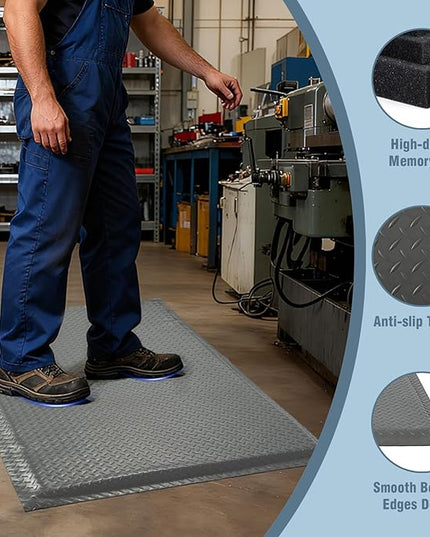 Anti Fatigue Mats Industrial 3' x 6' 15/16" Thick Ergonomic Standing Mat Commercial Kitchen Mat Heavy Duty Diamond Plate Cushioned Shop Floor Mats Helps Relieve Back and Leg Soreness, Grey