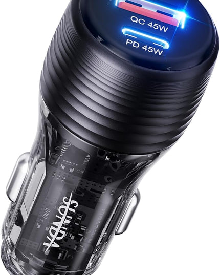 SUNDA 90W USB C Fast Car Charger, 2-Port Adapter, PD45W/QC45W QC 3.0 for iPhone 17/16 Pro/Max/iPhone 15/Laptop/Galaxy/Samsung S25/S24 (Black)
