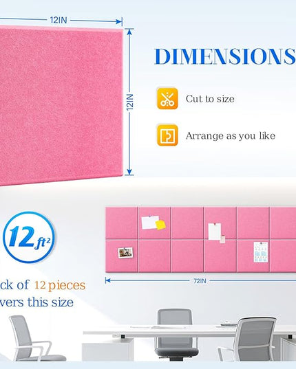 DOLLAR BOSS Large Cork Board for Wall 48" x 36" x 0.5" Pink Bulletin Board 12 Packs Corkboard Tiles Self Adhesive Felt Wall Tiles for Office Home School, Pink