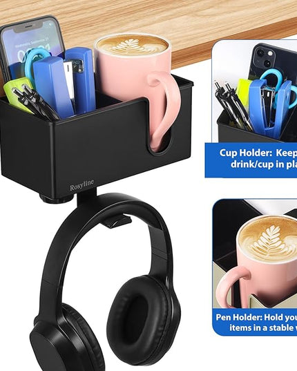 ROSLINE 3-in-1 Clip-on Desk Organizer - Pen, Headphone, and Cup Holder for Expanding Office and Gaming Space (Black)