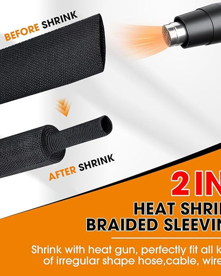 SUNNAREPOON Black 2:1 Ratio Automotive Heat Shrink Braided Sleeving,Wear-Resistant Flat Woven Shrinkable Sleeve Fabric Car Cable Wires Hoses Protection (1/2"-66ft)