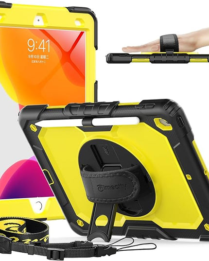 Timecity Case for iPad 9th/ 8th/ 7th Generation 10.2 inch - Heavy Duty Protective Cover with Screen Protector, Rotating Stand, Shoulder Strap & Pencil Holder | Kids-Friendly (Yellow)